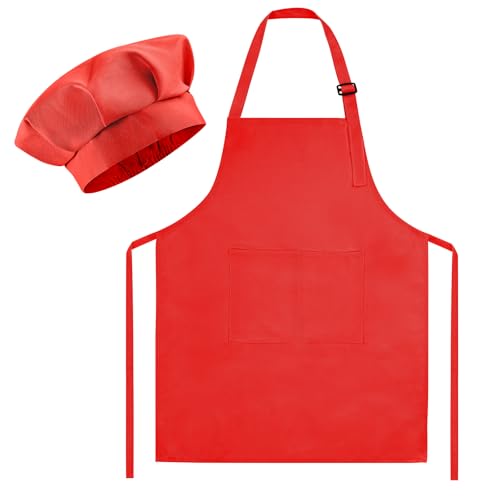 Morcheiong Juego de gorro y delantal de chef para niños, delantal de pintura rojo ajustable y sombrero de chef con 2 bolsillos grandes para niños, cocina, pintura, horneado, rosso, 23.5" x 18.3"