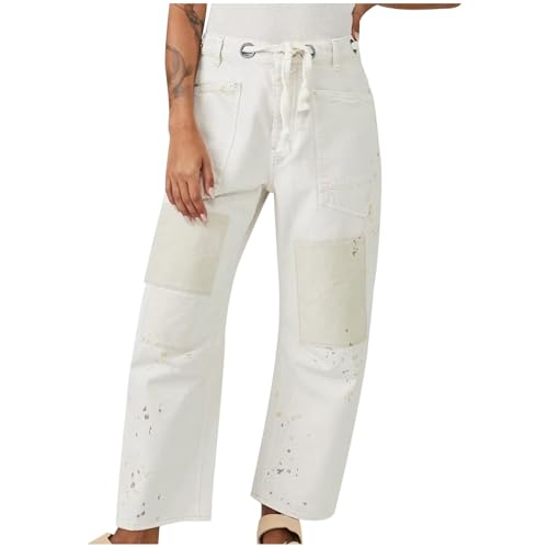 Barrel Jeans Women, Wide Leg Baggy Low Rise Ankle Patchwork Jeans for Woman Cropped Loose Fit Stretchy Denim Sweatpants