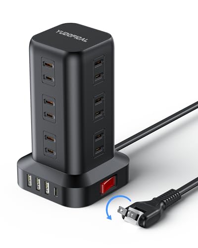 YUDOFICAL 電源タップ タワー型 延長コード 2m 12個ACコンセント 3個USB ポート １個Type-C搭載 一括スイッチ 雷ガード 180回転 薄型プラグ コンパクト 卓上 テーブルタップ コンセントタップ おしゃれ PSE 認証済 黒
