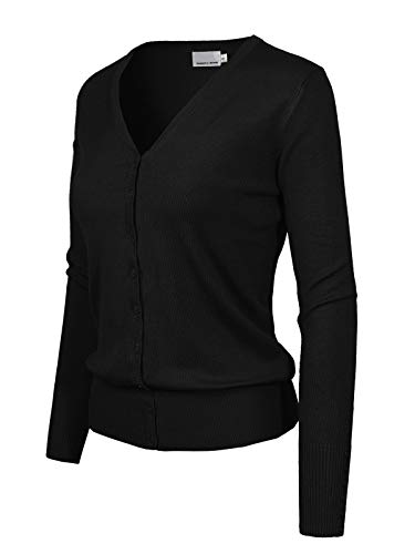 Design by Olivia Women's Classic Button Down Long Sleeve V-Neck Soft Knit Sweater Cardigan Black L