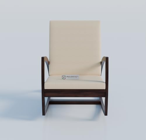 Image of Jangid Handicraft Solid Sheesham Wooden Rocking Chair for Living Room | Lounge Chair for Bedroom | Contemporary Swing Arm Chair for Balcony | Modern Arm /Sofa Chair | White Cushion & Walnut Finish