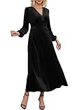 S. Adriana Vestido largo de terciopelo para mujer, elegante, cuello en V, ribete de encaje, cintura fruncida, vestidos formales para invitados de boda con bolsillos, Negro -, M