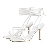 LISHAN Women's Ankle Strappy Gladiator High Heels Open Square Toe Backless Stiletto Heel Criss-cross Lace Up Prom Party Dress Heeled Sandals White Size 9