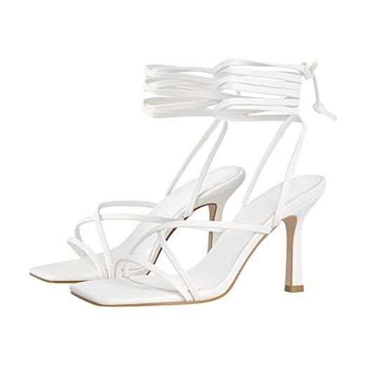 LISHAN Women's Ankle Strappy Gladiator High Heels Open Square Toe Backless Stiletto Heel Criss-cross Lace Up Prom Party Dress Heeled Sandals White Size 7