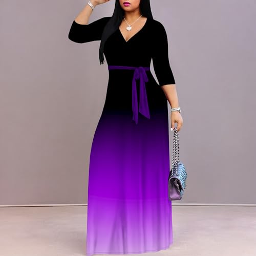 Image of PinkPatty Women's Plus Size Maxi Dress Casual 3 /4 Sleeve Dress with Belt | Soft stretch feel, printed style, flowy A-line fit, v neck, waist tie, side pockets, for vacation, party and daily wear