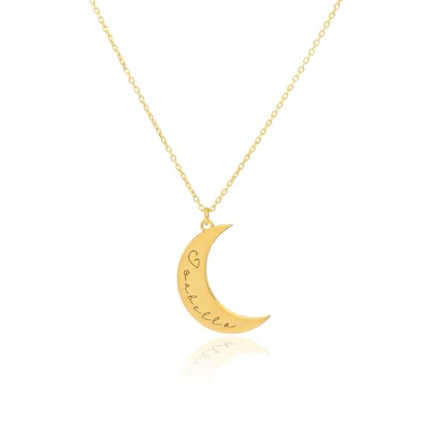 925 Sterling Silver Personalized Crescent Moon Name Necklace for Women – 14K Gold Plated Custom Name Engraved Pendant, Dainty Celestial Jewelry, Adjustable Chain 12-24 Inch, Gift Box Included