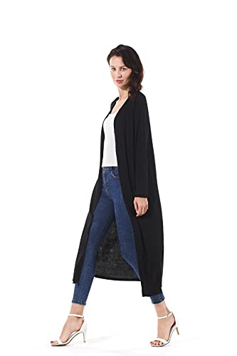 Image of Women's Solid Sweater Essential Duster Long Cascading Open Front Lightweight Blue Cardigan