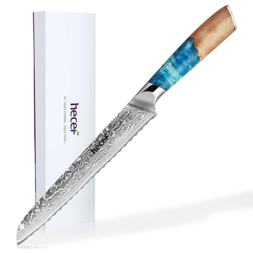 hecef Serrated Bread Knife 8 Inch – Damascus Steel Blade, Blue Resin Handle – Ultra Sharp Edge for Clean Slicing of Bread, Cake & Fruit, Stylish Gift for Home Bakers & Chefs
