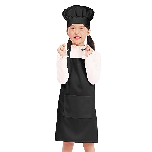 BIGHAS Juego de delantal y gorro de chef para niños y niñas, correa ajustable para el cuello, diseño de cierre de en la cintura para hornear, Negro, (3'3/3'11) S