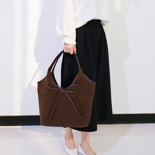 Image of Suede Shoulder Handbags Hobo Tote Bag for Women 2024, Brown Winter Suede Bow Purse