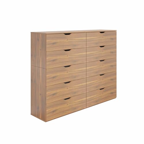 Image of VIKI Dresser | Chest of Drawer Unit,Sovana Chest of 10 Drawers,Clothes Storage, Organizer Unit for Bedroom, Hallway, Easy Pull Drawers, (Brussel Walnut -44D x 160W x 132H) | 1 Year Warranty
