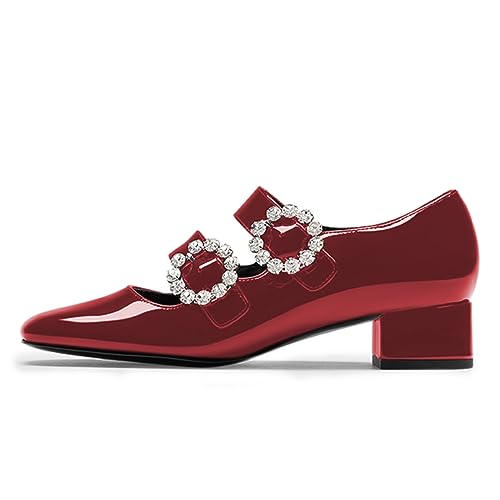 FOWT Women Square Toe Mary Janes Low Chunky Heel Double Strap Pumps Rhinestone Studded Buckle Cute Party Ballroom Evening Shoe Size 4-16 US