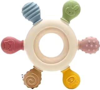 لعبة تسنين الاطفال - سيليكون خالٍ من البيسفينول ايه وحلقة خشبية لتخفيف تسنين الرضع