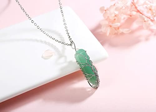 XIANNVXI Crystal Point Pendant Necklace Reiki Green Aventurine Healing Crystal Stone Tree of Life Wire Wrapped Necklaces Natural Hexagonal Gemstone Quartz Jewellry for Women