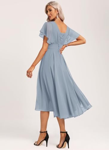 Image of YOFF Dusty Blue Scoop Neck Short Bridesmaid Dresses for Women Flutter Sleevs Midi Coaktail Gown Chiffon Casual Formal Party Dresses A-line US6