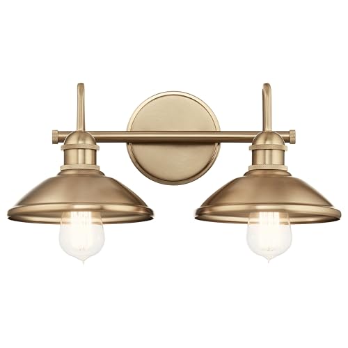Image of Kichler Clyde 2-Light Bathroom Vanity Light Fixture, Industrial Wall Sconce with Metal Shades in Champagne Bronze for Rustic and Traditional Decor (17 inch x 7.5 inch x 8.25 inch), 45944CPZ