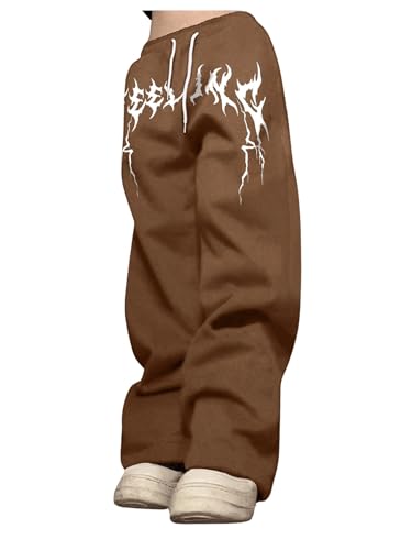 OYOANGLE Men's Graphic Print Drawstring Waist Baggy Sweatpants Loose Straight Leg Pants with Pocket