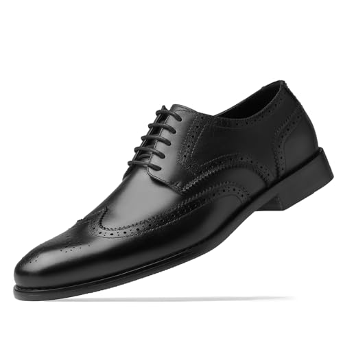 HEEZ Men's Dress Shoes Genuine Leather, Wingtip Oxford for Men Non Slip, Lace up Plain Toe Derby Dress Shoes for Formal, Business, Wedding, Office