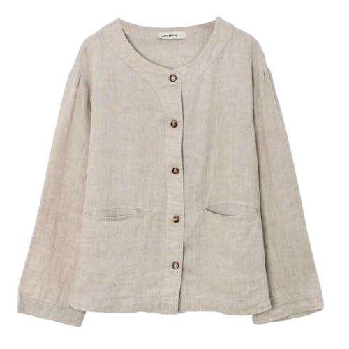 Image of Amazhiyu Women's 100% Linen Long Sleeve Button Up Crew Neck Lightweight Cardigan