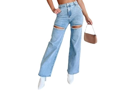 Women's high Waist Loose Stretch Ripped Jeans Rhinestone Trim Shiny Wide Leg Straight Jeans
