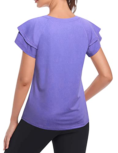 Women's Summer Short Sleeve Workout Top T-Shirt Moisture Wicking Athletic Loose Casual Ruffle Tops (M) Purple #TOP3