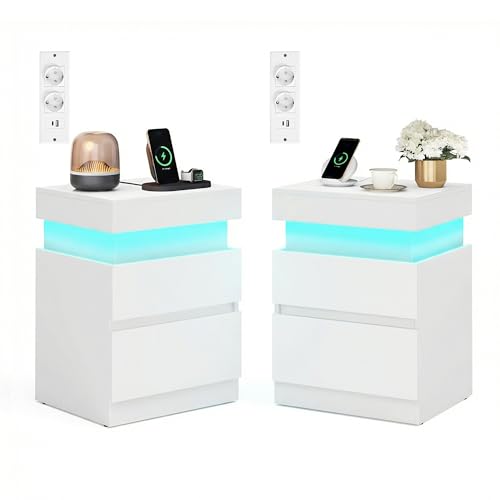 VASAGLE Kailyn Collection - Table de Chevet, Lot de 2, avec Multiprise, Couvercle Coulissant, 2 Tiroirs, Bande LED, Petite Table d’Appoint, Style Moderne, 35...