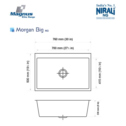 Image of Nirali Kitchen Sink Square 30 inchx19 inchx9 inch Morgan | 304 Grade Stainless Steel | Handmade Single Bowl Sink with Waste Coupling | 25 Yrs Warranty on Product by Brand (Morgan 30x19)