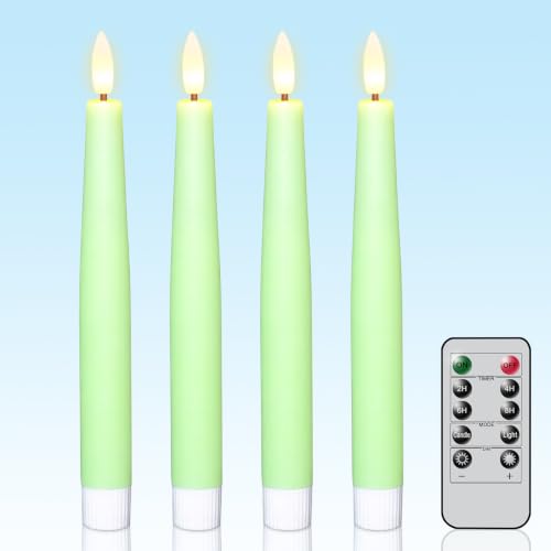Image of Spring Green LED Taper Candles Battery Operated Remote, 4 Pack | Real Wax 3D Flickering Flame, 0.78 inch x 8.1 inch, Fits Holders, 2 /4 /6 /8H Timer, Spring Green Candlesticks for Party Decor
