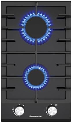 ThermoMate GHBG302 30cm 2 Burners Gas Hob, Black Glass Gas Cooktop with Flame Failure Protection, Propane Domino Hob with Cast Iron Supports, NG/LPG Convertible, 4200W