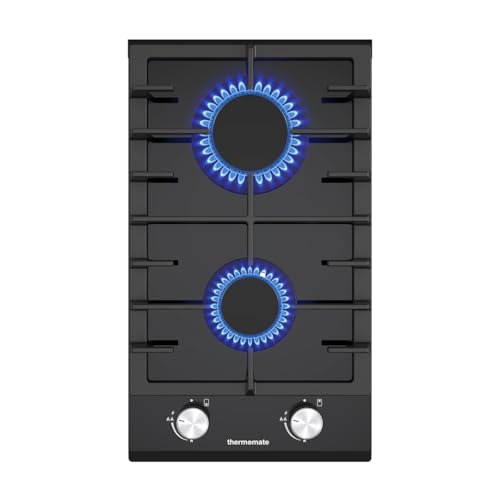 ThermoMate GHBG302 30cm 2 Burners Gas Hob, Black Glass Gas Cooktop with Flame Failure Protection, Propane Domino Hob with Cast Iron Supports, NG/LPG Convertible, 4200W