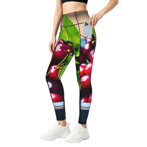 Leggings con estampado de cerezas de cintura alta con ajuste elástico de gran confort