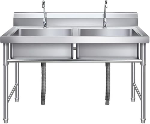 FIXARE 自立式ダブルボウルキッチンユーティリティシンク、ステンレススチール製ランドリー屋外ガレージシンク、温水/冷水蛇口付き洗面台ステーション、レストラン用