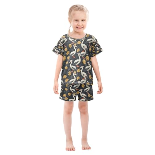 Pajama Sets Short Sleeve Elegant Bird Floral Soft Cotton Summer Sleepwear 2 Piece PJS Size 5-14T4