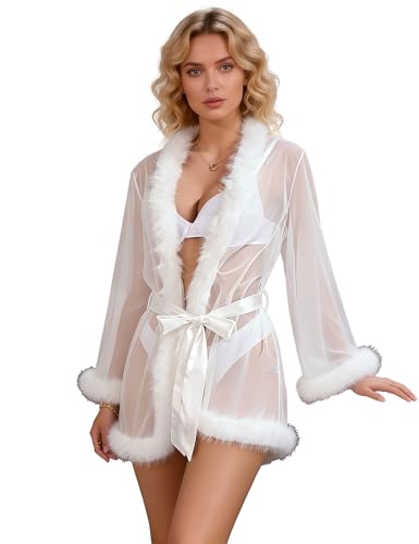 Image of ohyeahlady Women's Short Sheer Lace Robes with Faux Mink Trim Silk Belt Plus Size Fluffy Sexy Nightwear Kimono Dressing Gowns Mesh Lingerie Set White XS-S