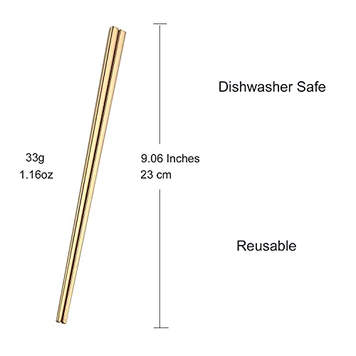 Dtdepth Stainless Steel Chopsticks - 5 Pairs Gold Reusable Dishwasher Safe Chopsticks, 304 Stainless Steel, Easy To Use (No Color Fading) #TOP1