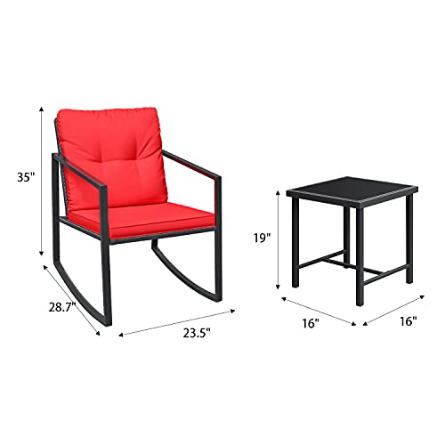 Greesum 3 Pieces Rocking Wicker Bistro Set, Patio Outdoor Furniture Conversation Sets With Porch Chairs And Glass Coffee Table, Red #TOP6