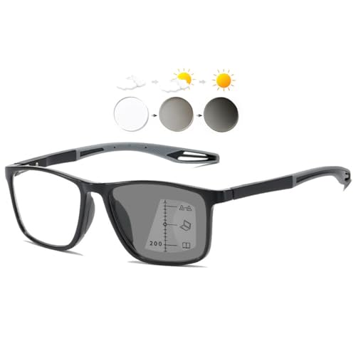 KOOSUFA Selbsttönende Gleitsicht Lesebrille Gleitsichtbrille Progressive Multifokus Blaulichtfilter Photochrome Herren Damen Federscharnier TR90 mit UV-Schutz Sonnenlesebrille Schwarz Grau 2.0