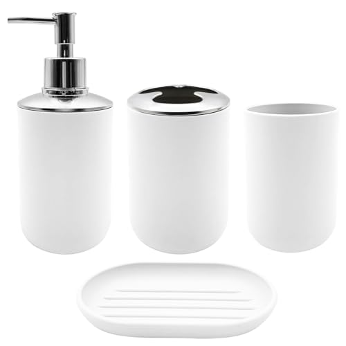 4 Piece Premium Plastic Bathroom Accessory Set, Bathroom Accessories, Plastic Soap Dispenser and Toothbrush Holder Set, Soap Dish and Mouthwash Cup, Bathroom Set (White)
