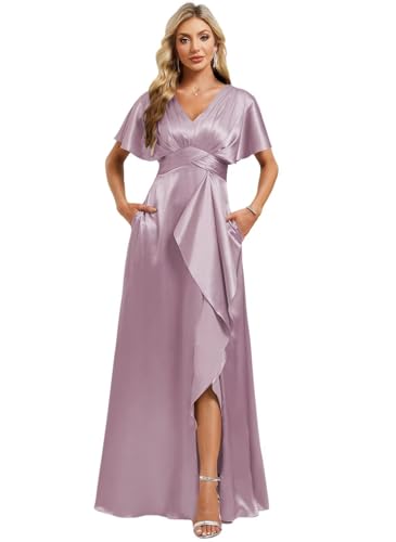 Image of Elegant Satin Bridesmaid Dress with Sleeves Ruffles High Silt Formal Dresses Long for Women Fall DIN022