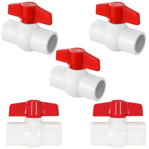 3/4'' PVC Ball Valves, Valve Water Shut Off Valves, Pipe Fittings, Turn Red T-Handle Shut-Off Valve, for Cold Water Supply lines, Swiming Pool, Sewage Pump, Irrigation System (Pack of 5)