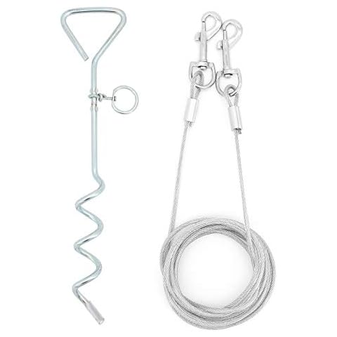 ShawFly Solid Dog Stake and Tie Out Cable (3m, 5m, 10m) Premium Steel Spiral Dog Tie, with 16 Inch spiral ground stake, for Outdoor Yard and Camping Puppy pet and Medium Dogs (3m) Cover