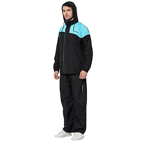 Image of Zeel Rain Coat for Men Waterproof for Bike Riders with Adjustable Hood and Pocket,Waterproof Raincoat with Polyester Jacket Pant and Carrying Pouch,AZ06 Black-Royal Blue XL