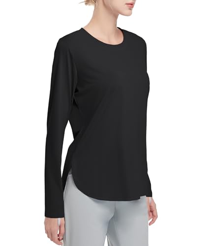 HIBETY Women's Long Sleeve Shirts UPF 50+ Sun Shirts Workout Athletic Tops Lightweight Quick Dry Rashguard Outdoor Hiking Yoga Gym Active Tees Black M