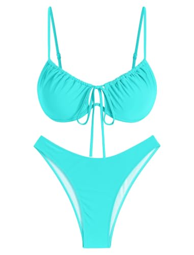 Image of ZAFUL Women High Cut Bikini Sets String Sexy Swimsuit Two Piece Underwire Bathing Suit Brazilian Cheeky Cut Out Cute Swimwear