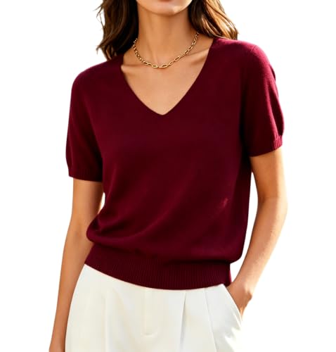 Image of DAIMIDY Women's Short Sleeve Sweater V Neck Summer Knit Tops