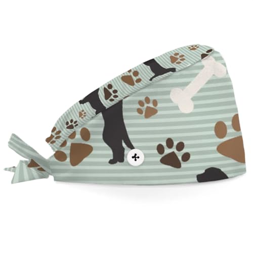 Mularoka Striped Dog Bone Paw Print Working Caps with Button Sweatband Comfortable Adjustable Bouffant Hats Work Hat for Women Men