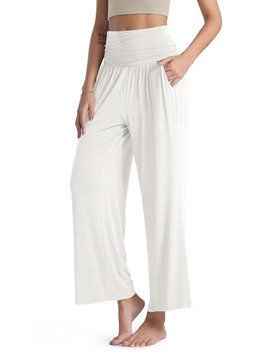 Image of ODODOS Women's Wide Leg Palazzo Lounge Pants with Pockets Light Weight Loose Comfy Casual Pajama Pants-26 Inseam, Off White, Large