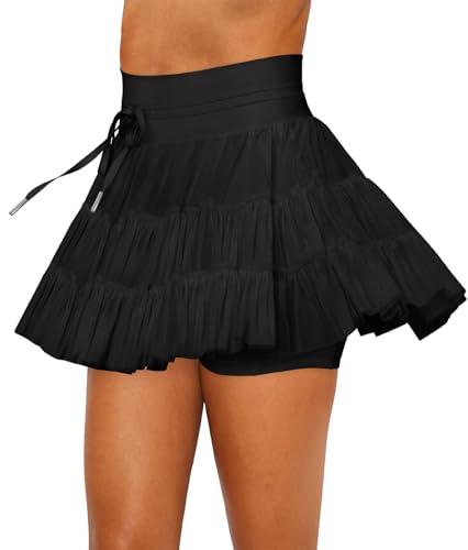 ELLYDOOR Saia plissada feminina larga de malha de cintura alta com babados shorts de tênis saia de d