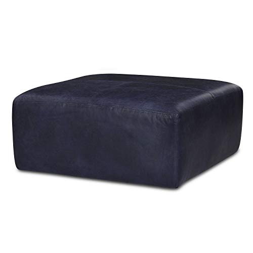 Image of POLY & BARK Sequoia Ottoman - 35 inch Square Pouf with Feather-Down Topper - Full-Grain Leather Upholstered Pouf Ottoman for Living Room - Italian Leather in Midnight Blue