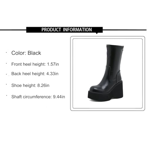 Women's Black Leather Platform Gothic Mid-calf Boots with Pull-Back Fashion Round Toe Simple Wedge Heel Non-slip Punk Knee-High Combat Boots4